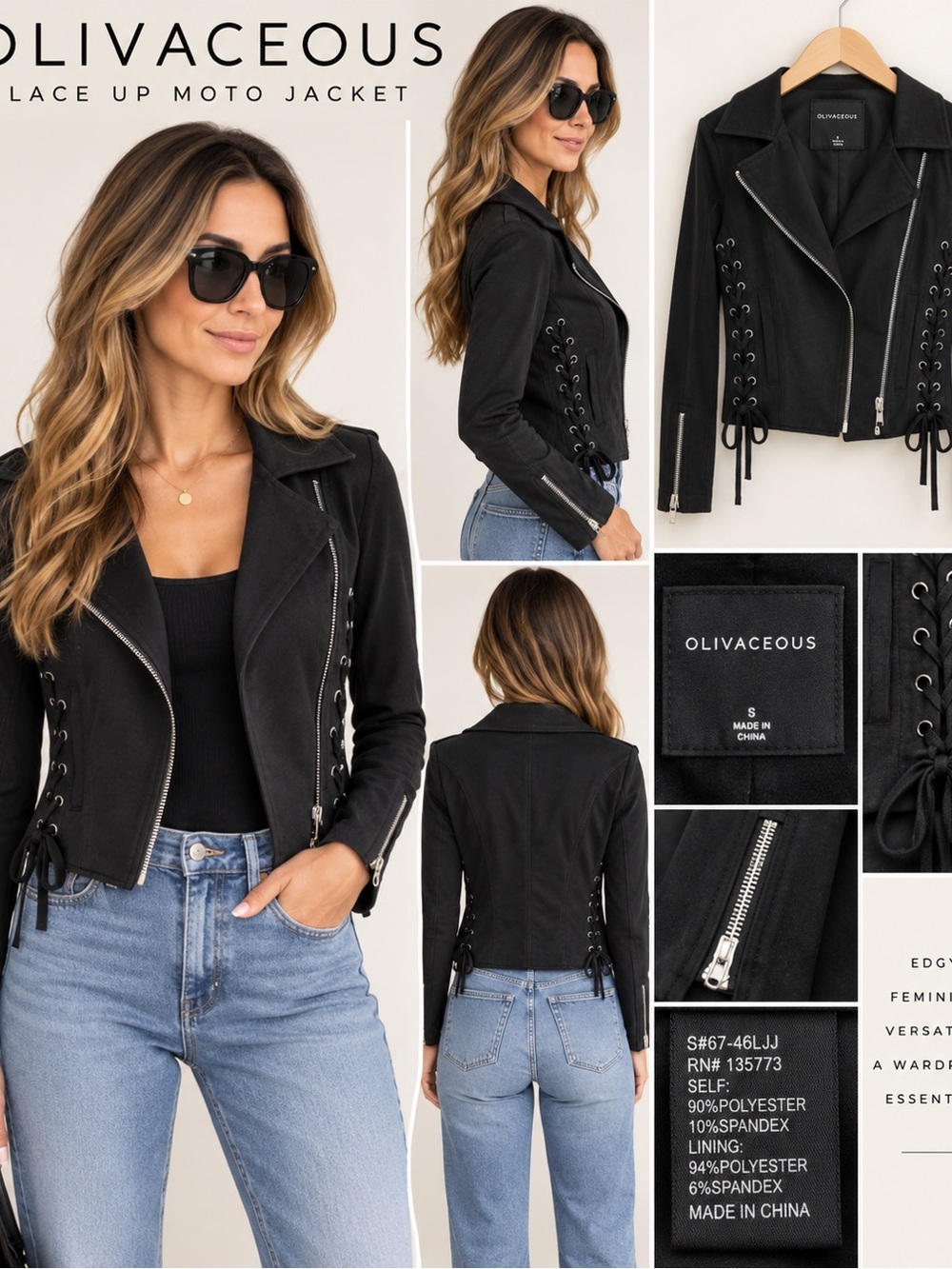 Olivaceous Black Faux Suede Lace Up Moto Biker Jacket Size S